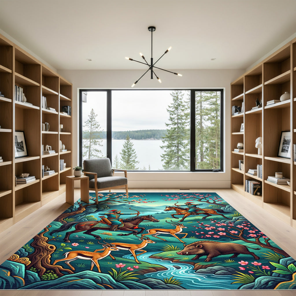 Turquoise Archers Hunt Amidst Cherry Blossoms Rug
