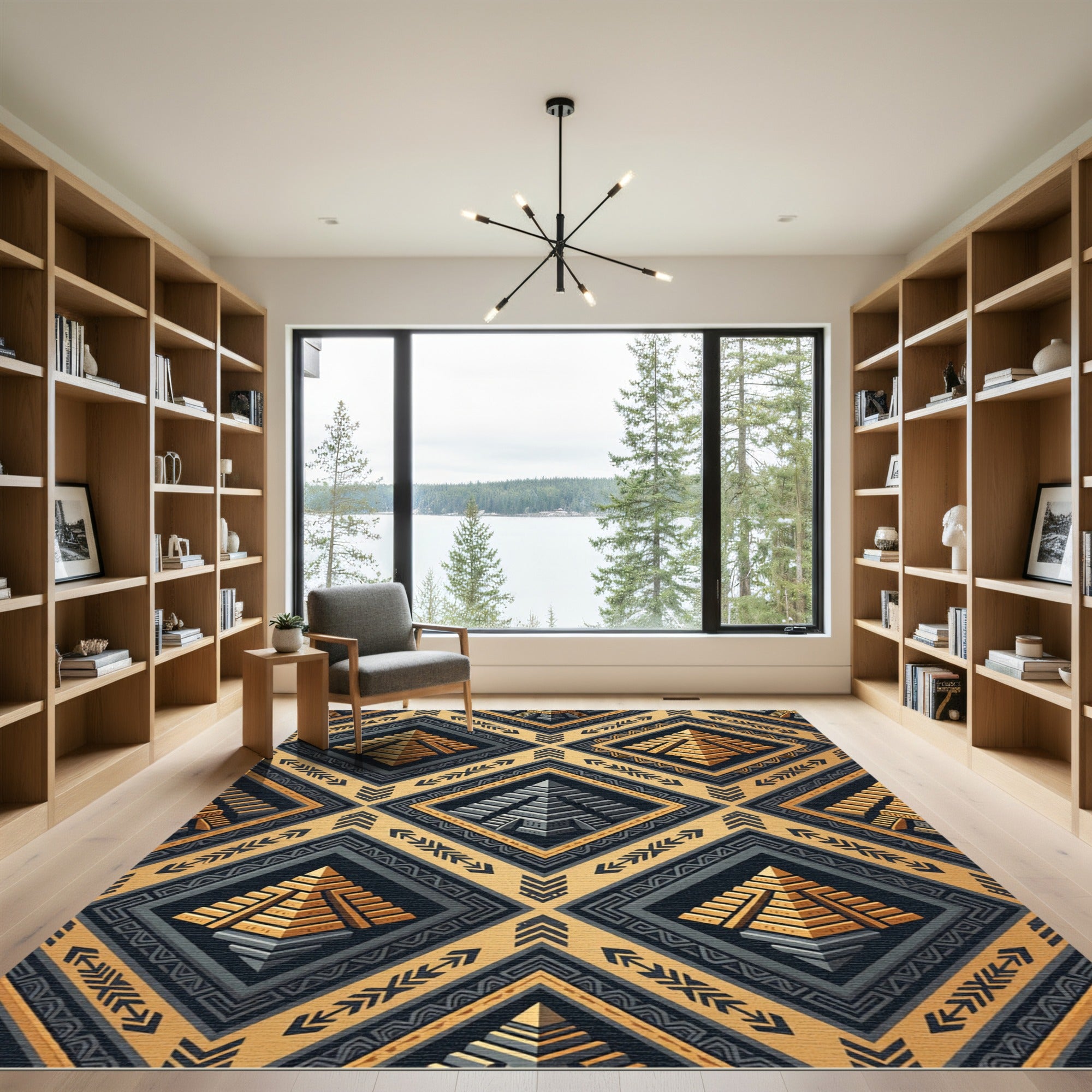 Gold Aztec Mayan Geometric Pyramid Rug