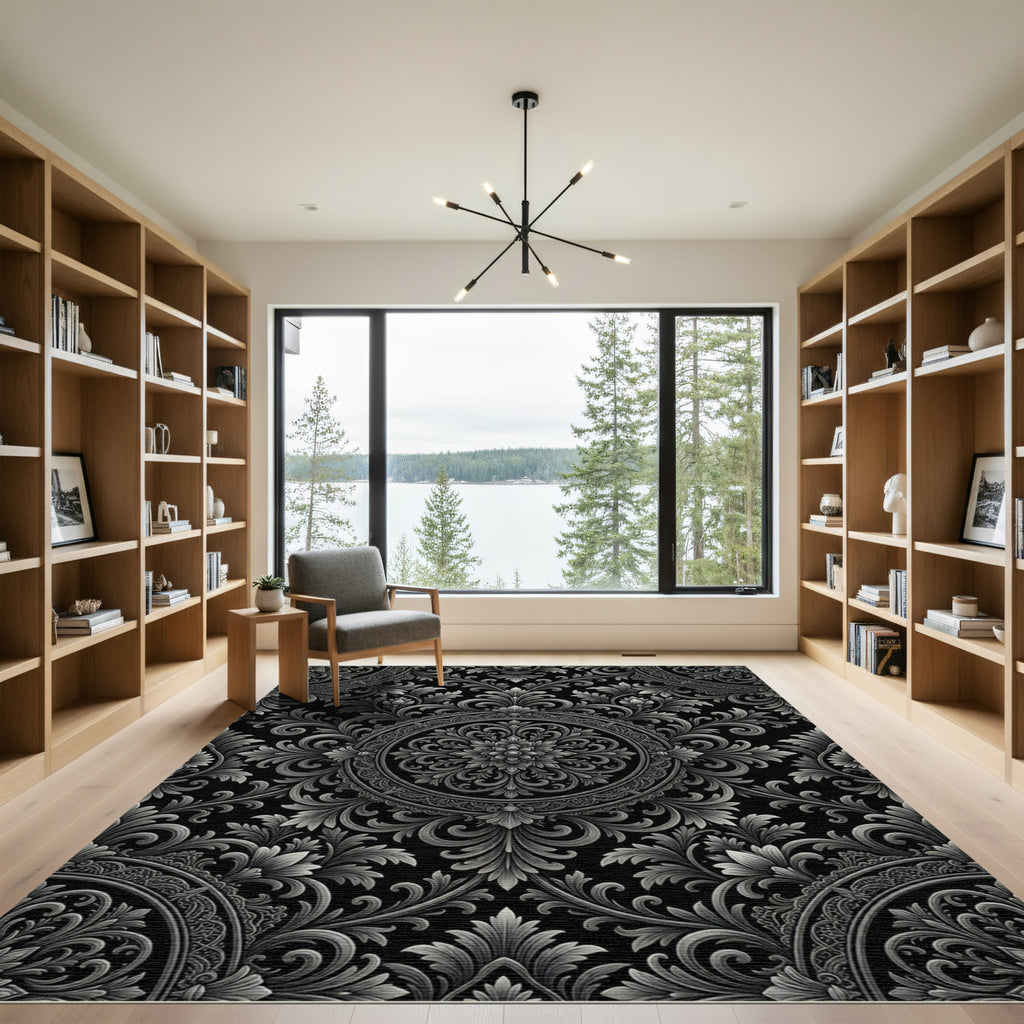 Ornate Silver Floral Damask Rug