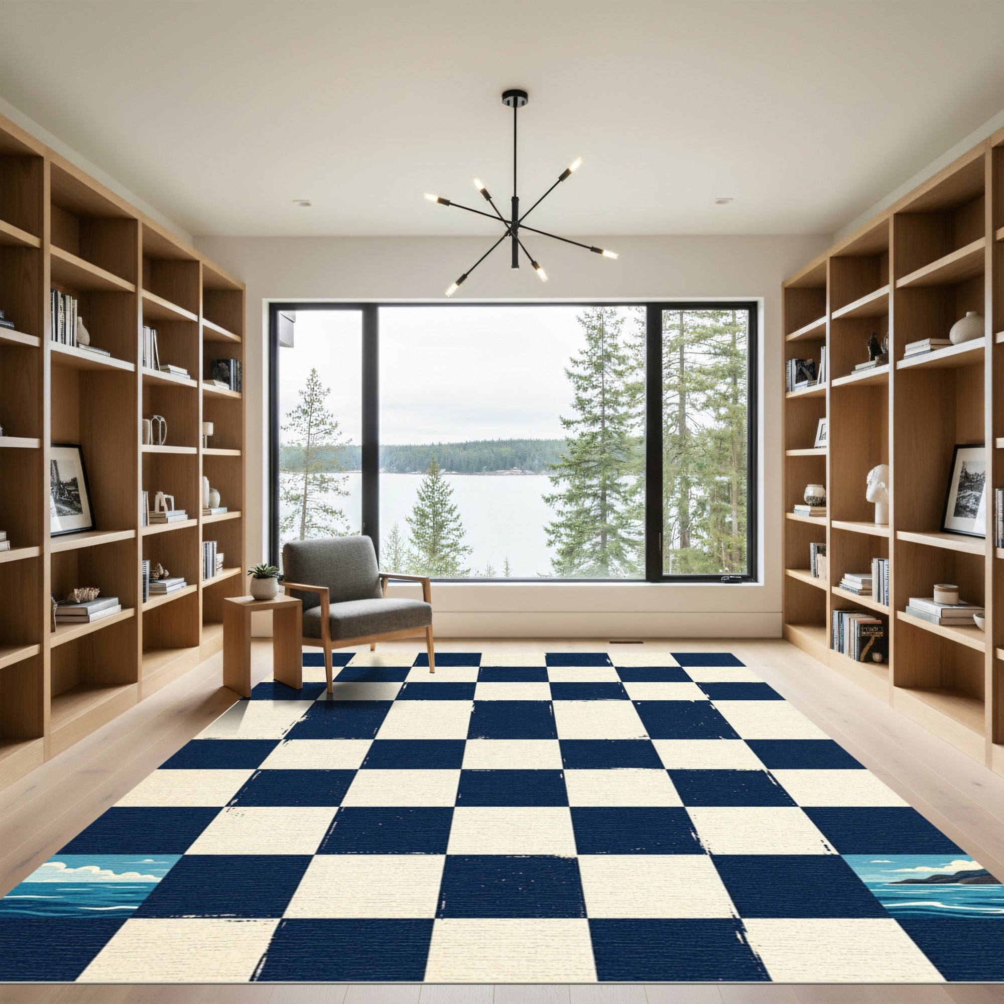 Navy and Cream Coastal Checkerboard Landscape Rug