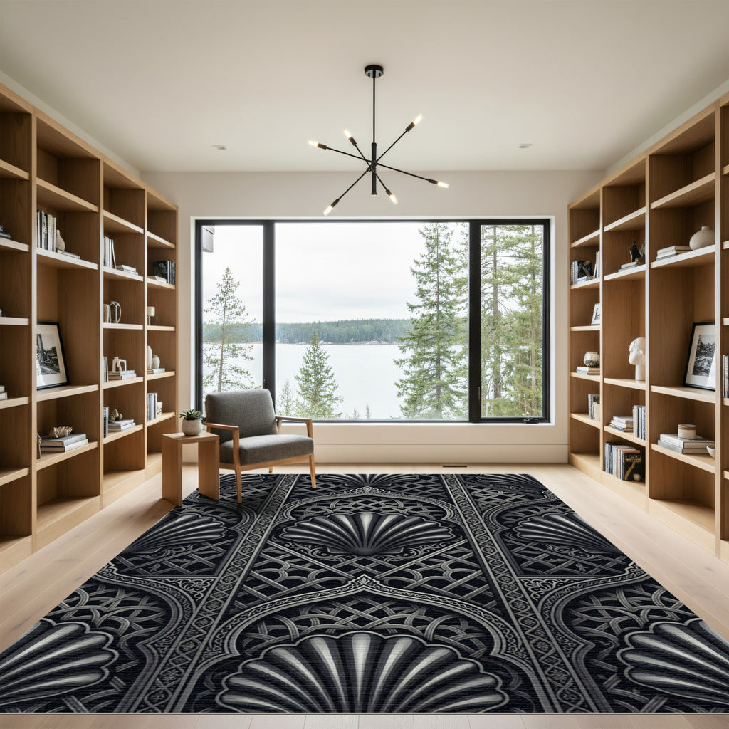 Monochrome Ornate Shell Lattice Arch Rug