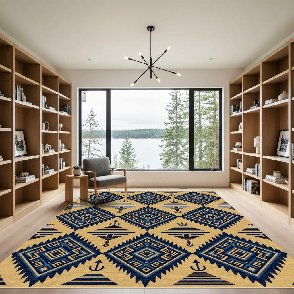 Navy Blue Gold Geometric Tribal Diamond Rug