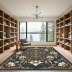 Elegant Gold Floral Damask Charcoal Rug