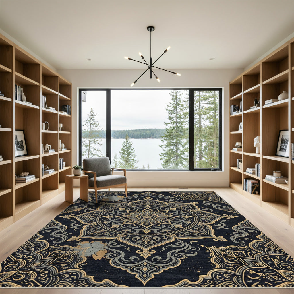 Intricate Golden Mandala Navy Ornate Tapestry Rug