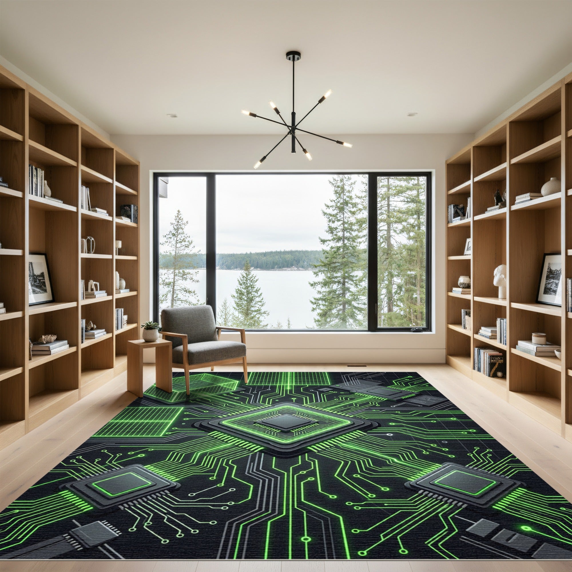 Neon Cyber Grid Circuitry Futuristic Art Rug