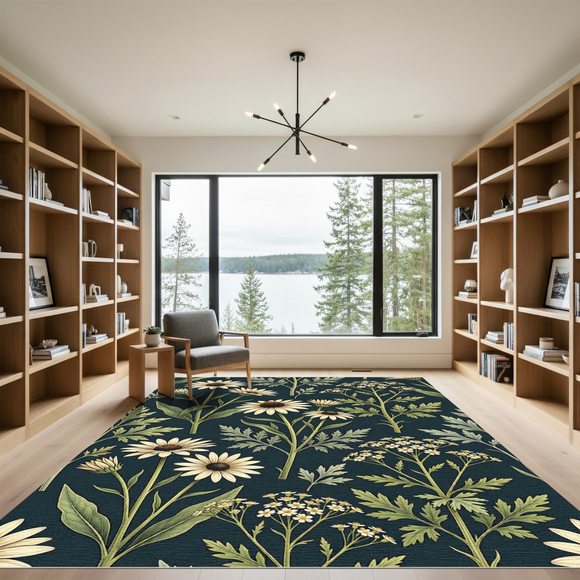 Elegant Cream Daisy Navy Botanical Rug