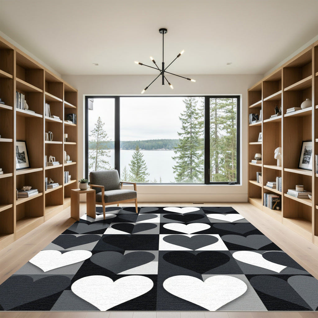Modern Monochrome Geometric Heart Grid Rug