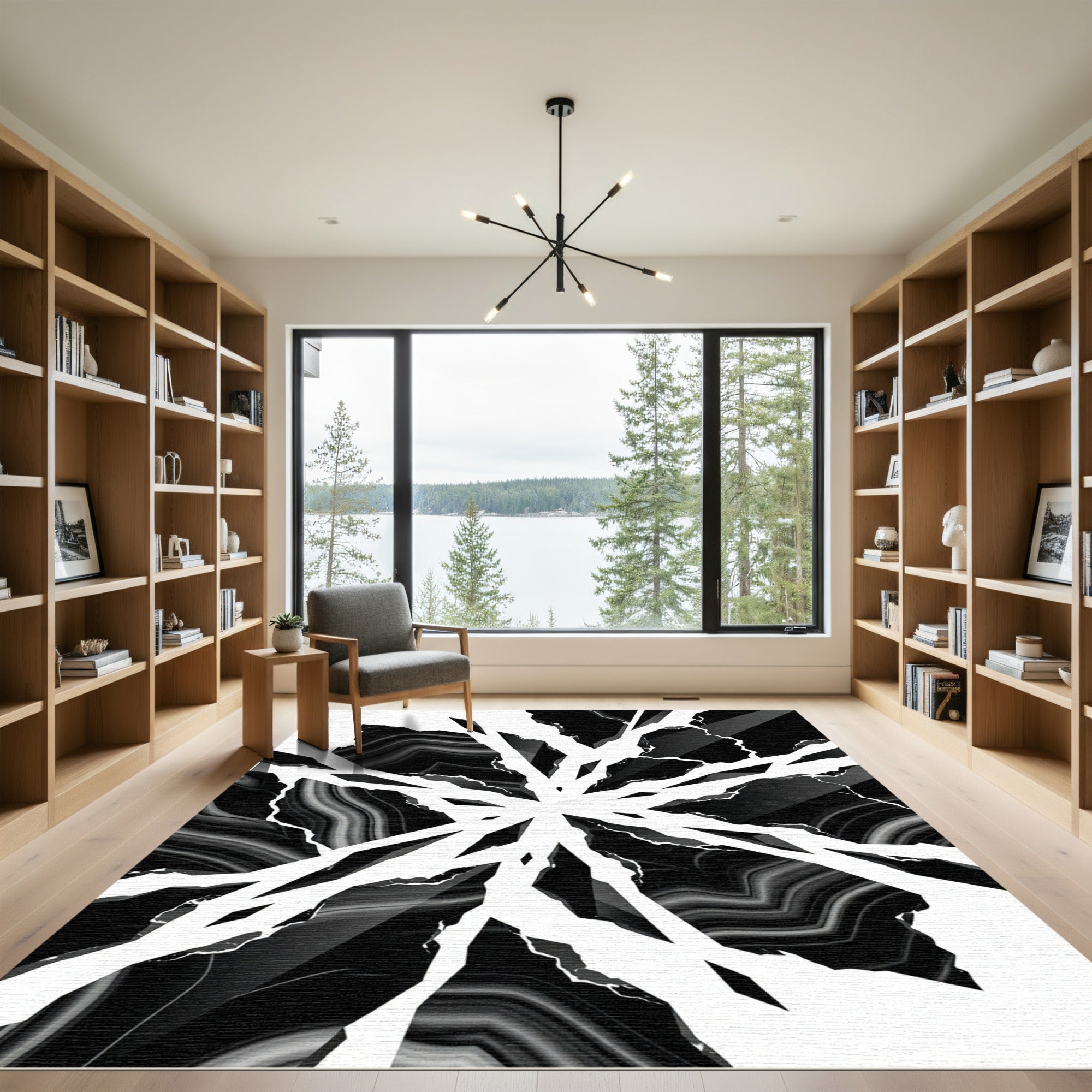 Striking Black White Jagged Lines Rug