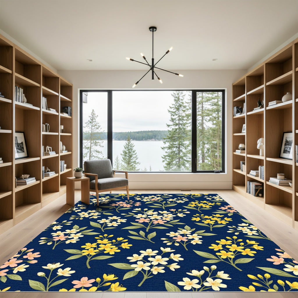 Light Yellow Pink Floral Branches Navy Rug