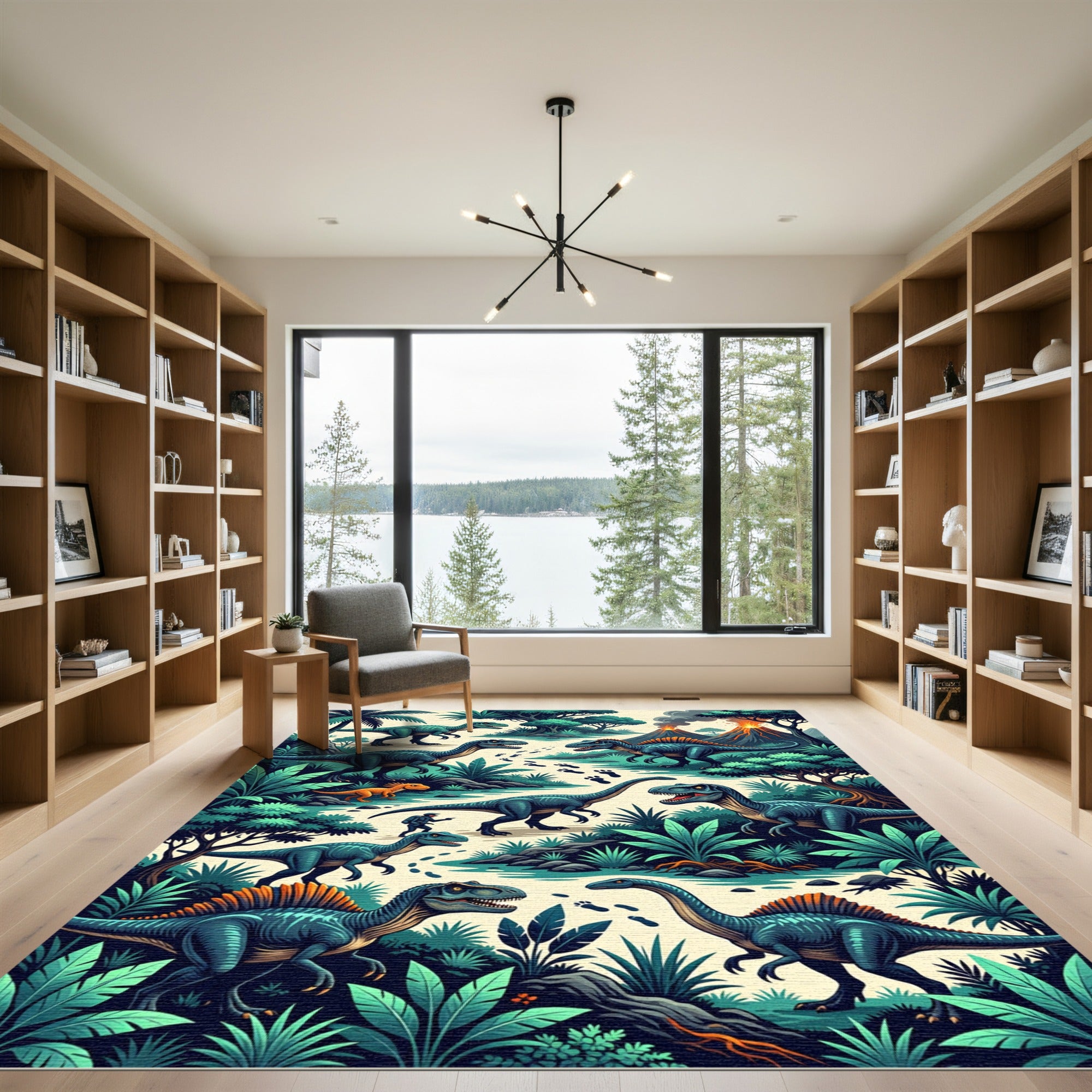 Vibrant Prehistoric Dinosaur Lush Jungle Landscape Rug
