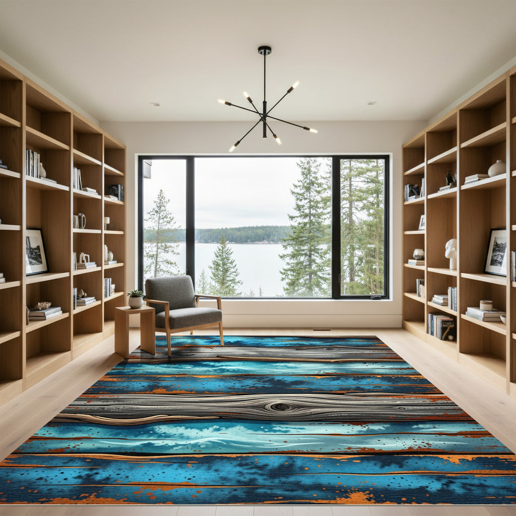 Rustic Blue Weathered Wood Plank Rug