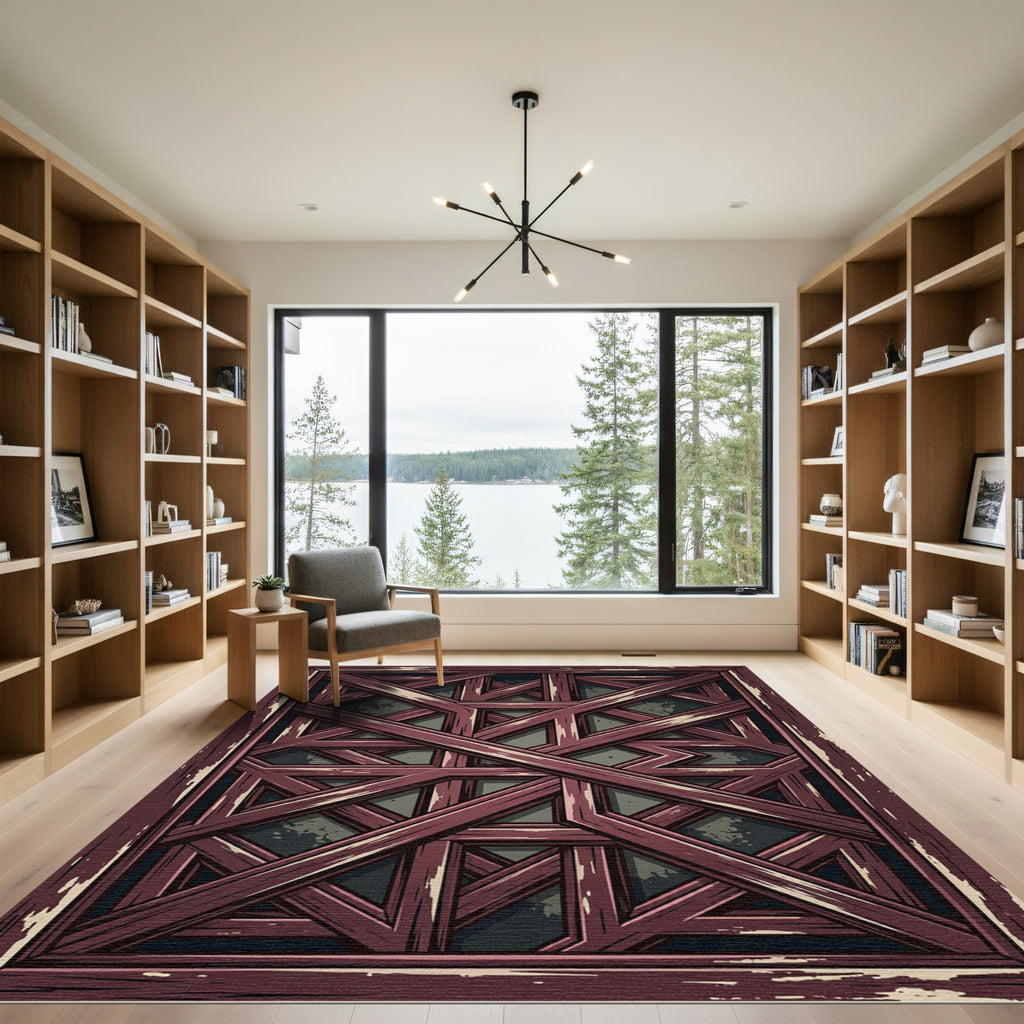 Dark Crimson Geometric Lattice Art Rug