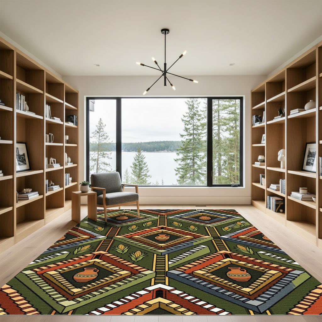 Geometric Mesoamerican Step Pyramid Earthy Tile Rug