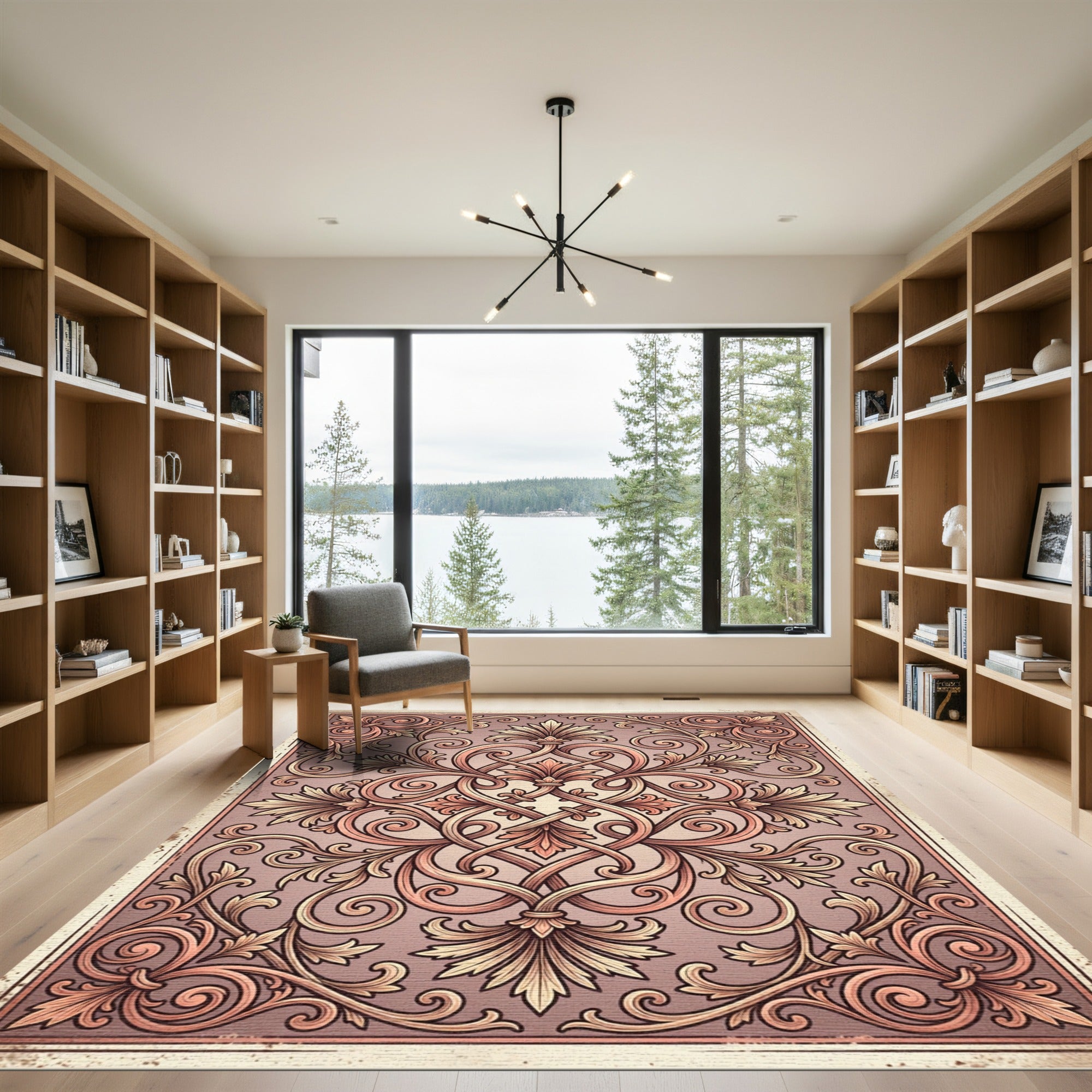 Ornate Rose Gold Scrollwork Foliage Rug