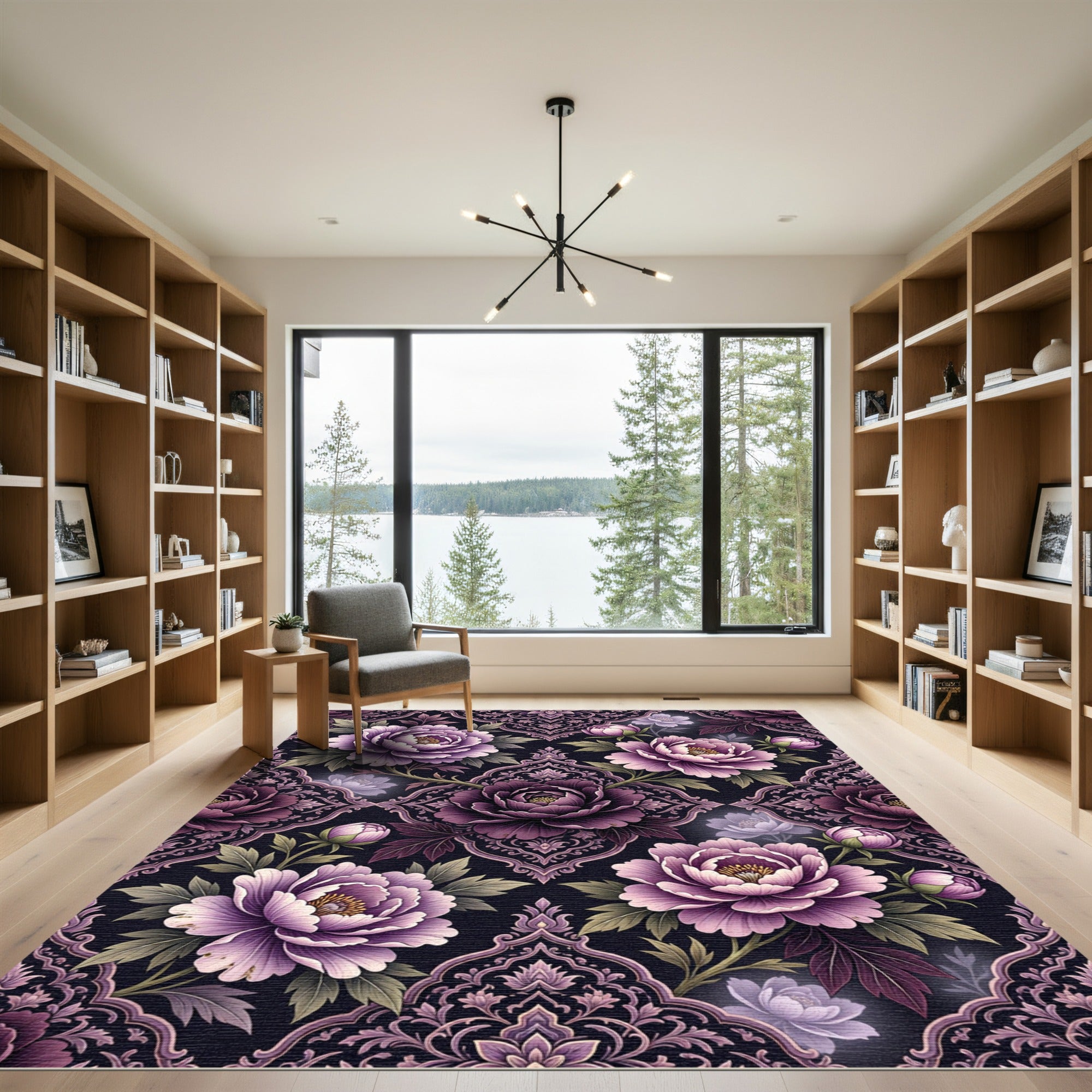 Elegant Plum Peony Damask Floral Rug