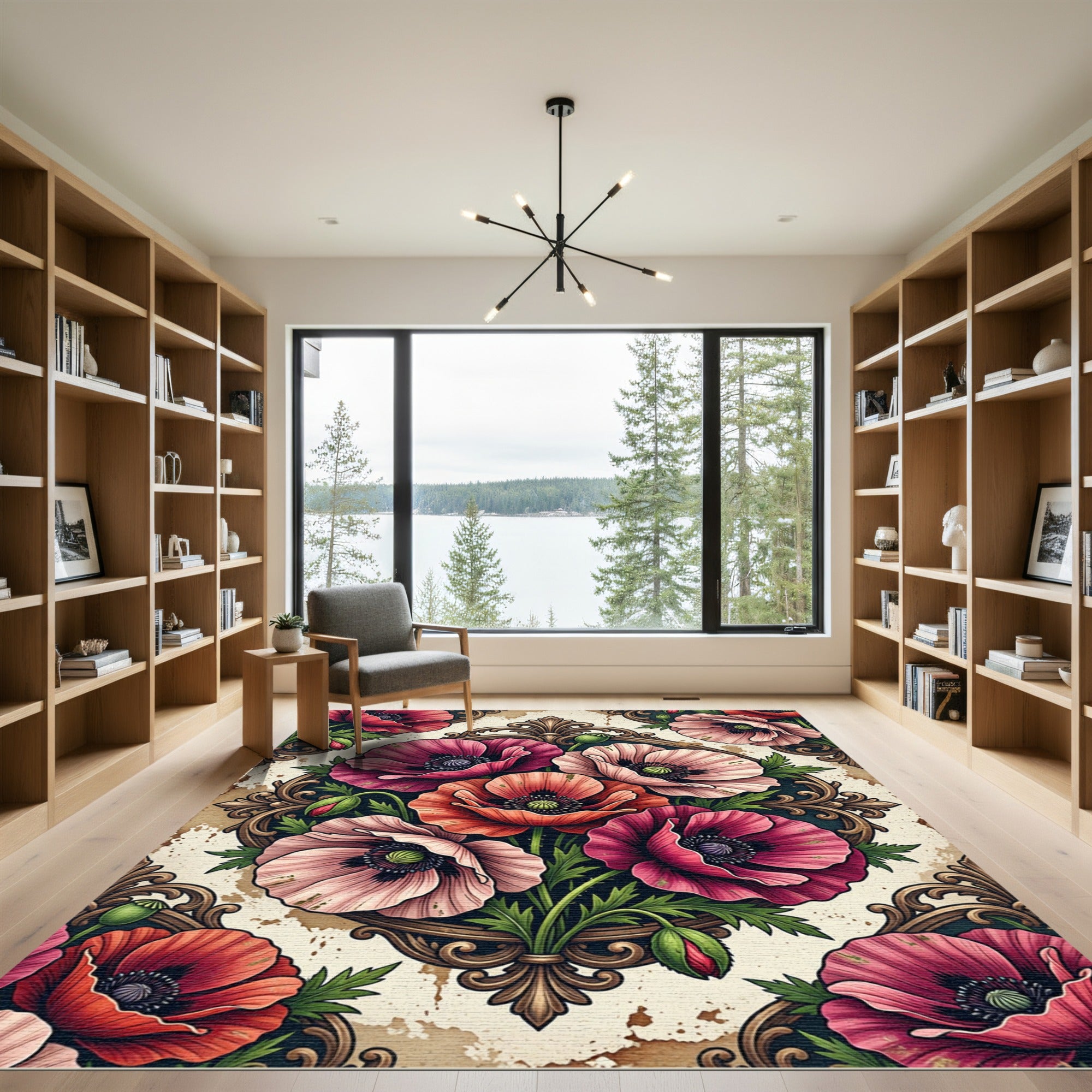 Elegant Poppy Floral Baroque Medallion Rug