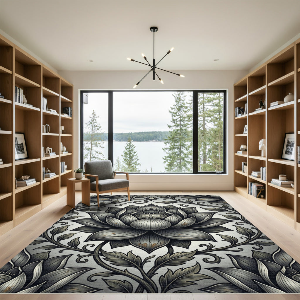 Elegant Monochrome Lotus Botanical Rug