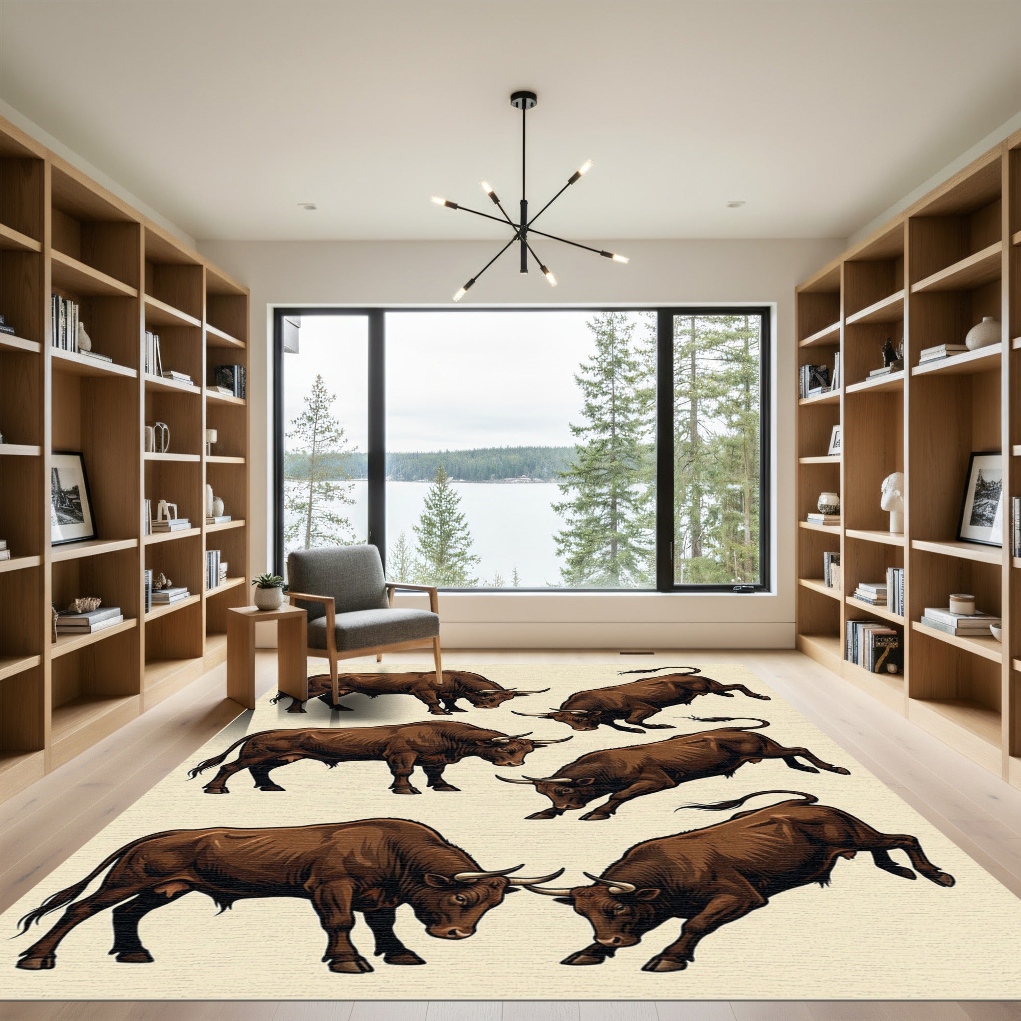 Earthy Brown Charging Bull Illustration Rug