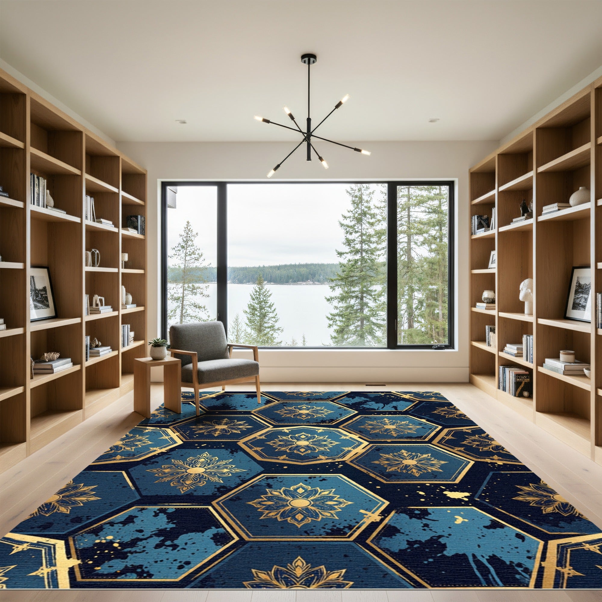 Gilded Midnight Blue Hexagon Floral Rug