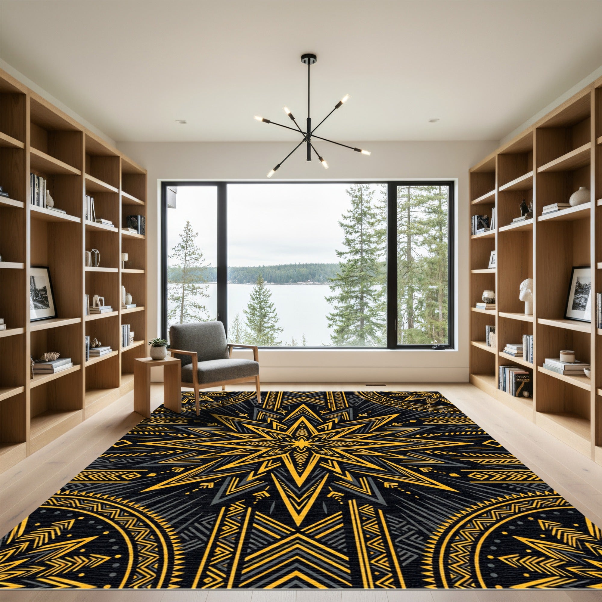 Striking Golden Star Geometric Onyx Decor Rug