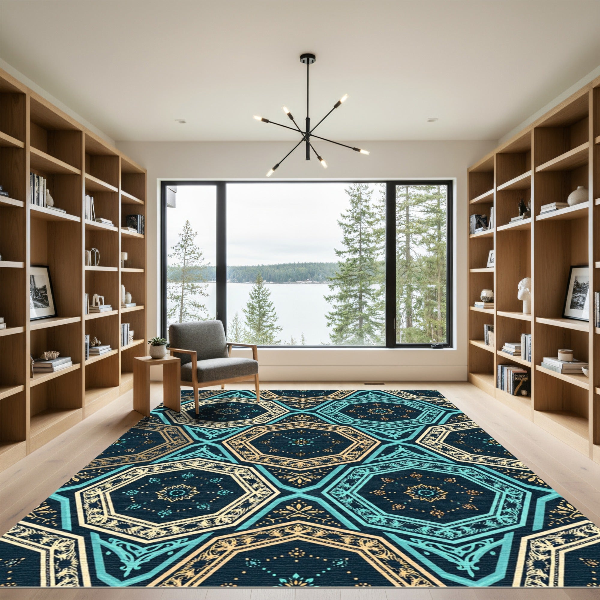 Teal and Gold Geometric Hexagon Rug