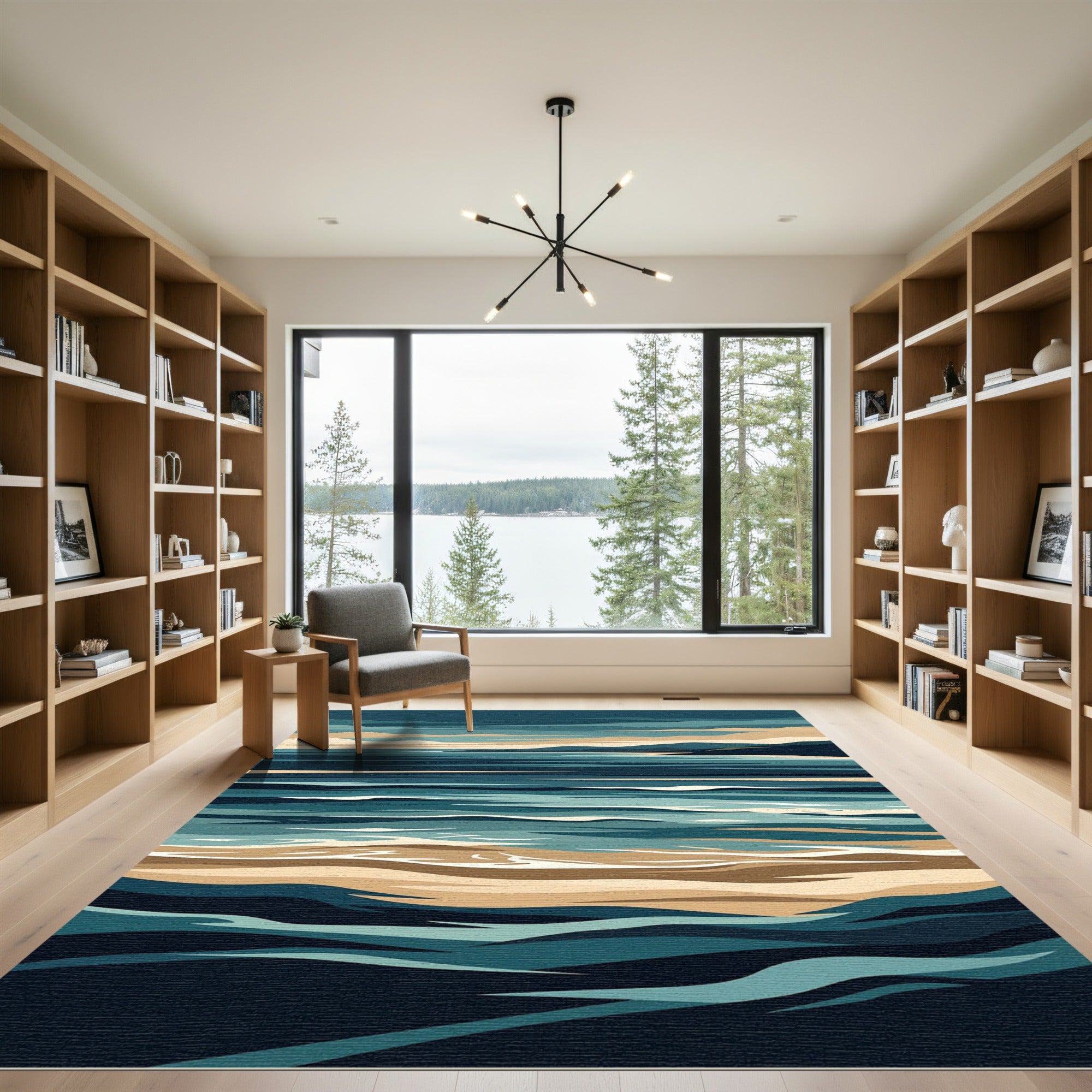 Earthy Blue Abstract Coastal Wave Rug
