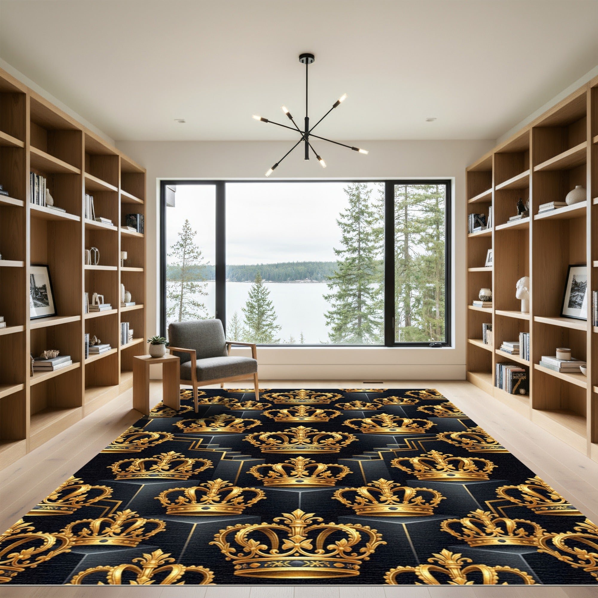 Luxurious Golden Crown Black Isometric Mural Rug