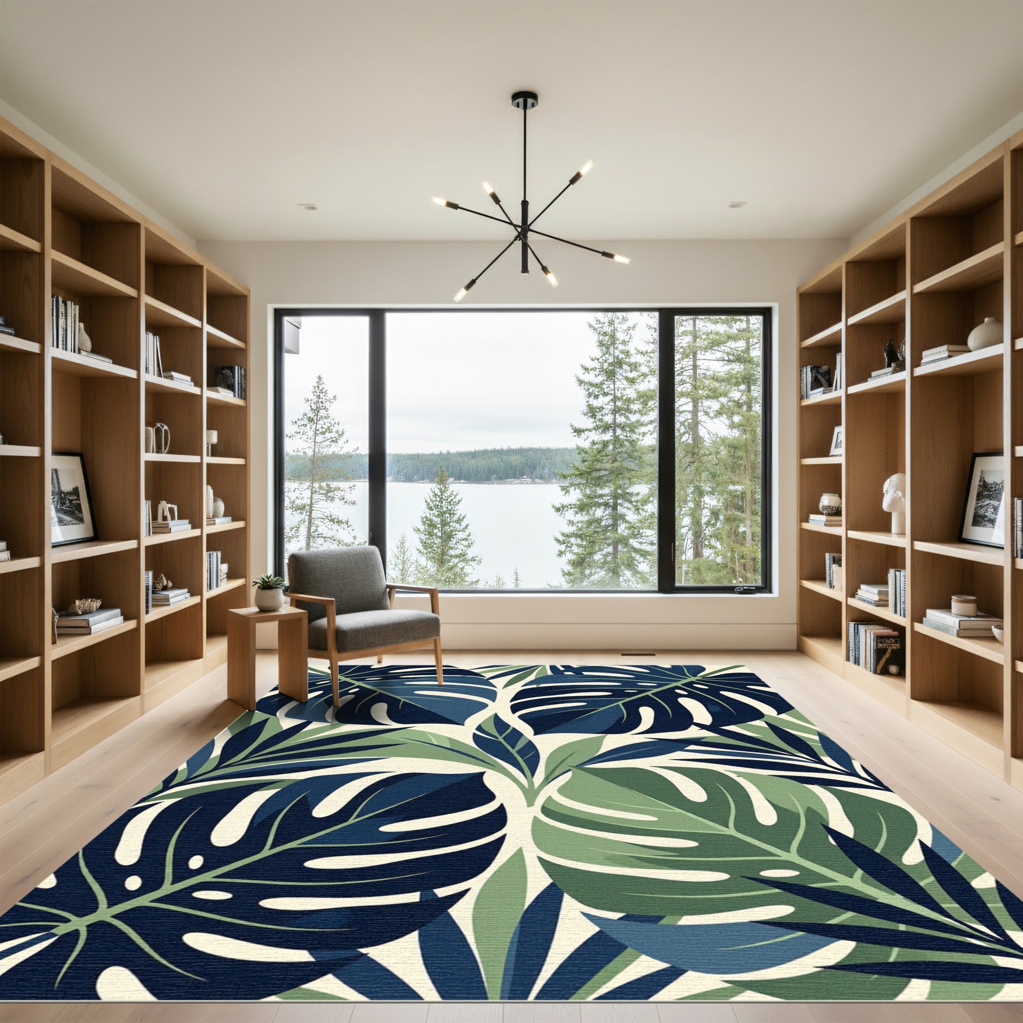 Lush Tropical Monstera Leaf Navy Green Rug
