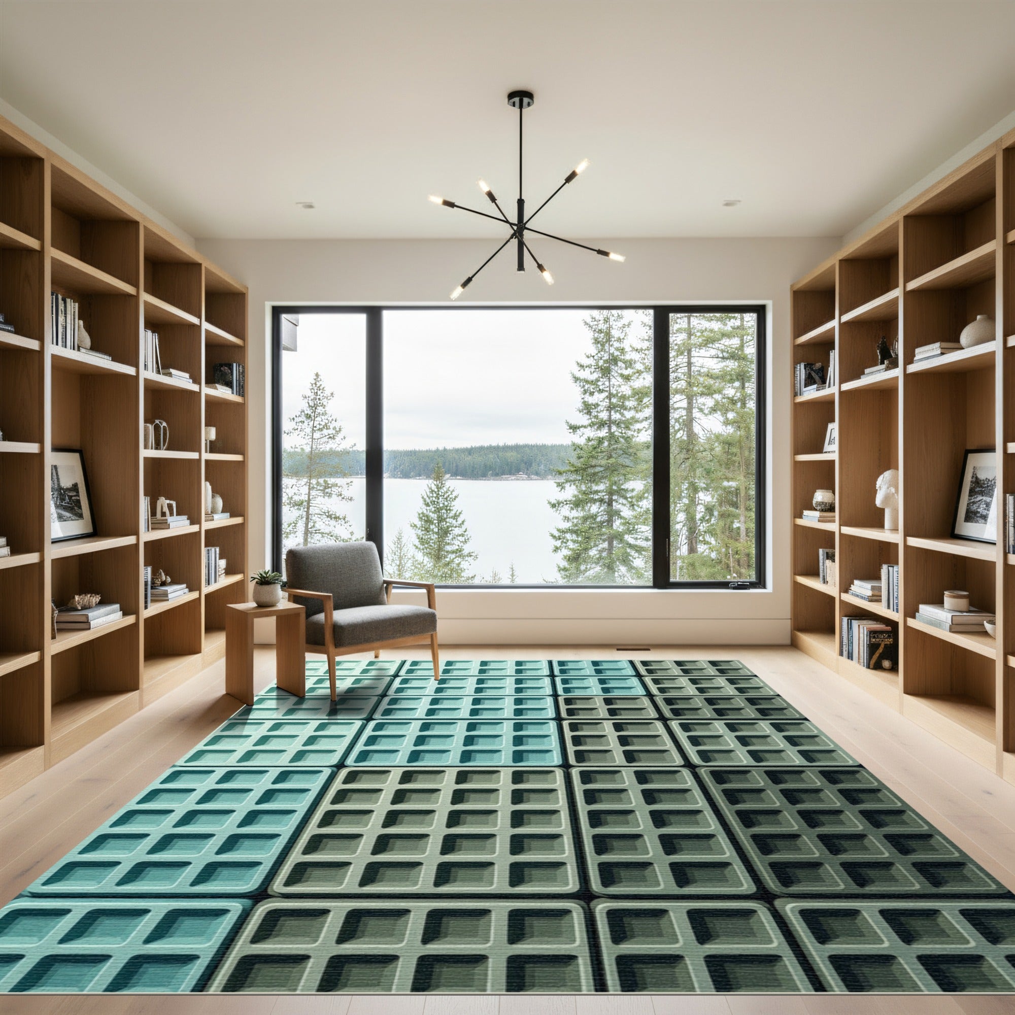 Modern Teal and Sage Grid Mosaic Rug
