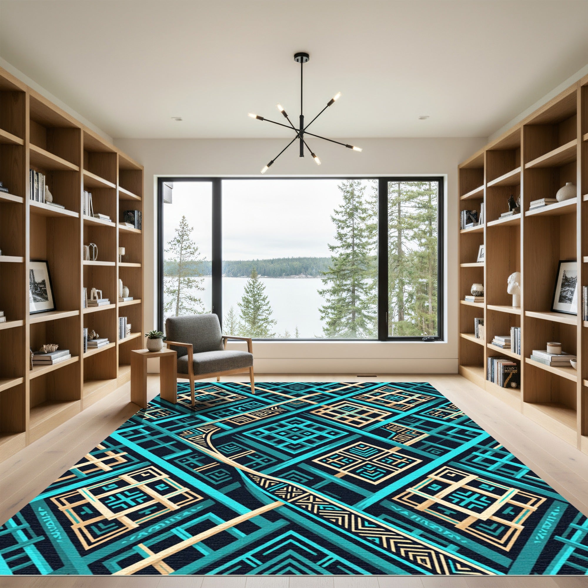Geometric Teal and Gold Interlocking Grid Rug