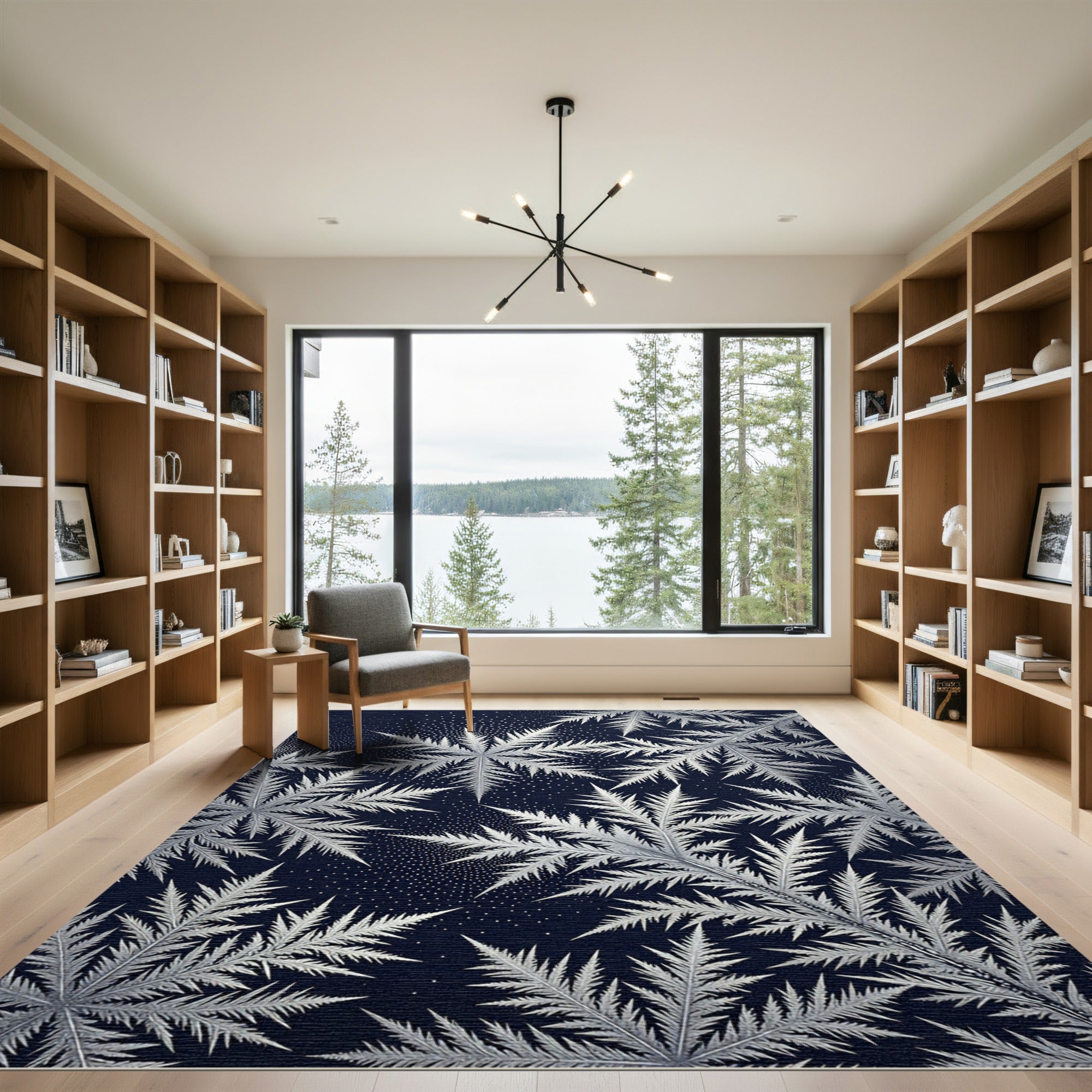 Monochrome Metallic Icy Frost Leaf Rug