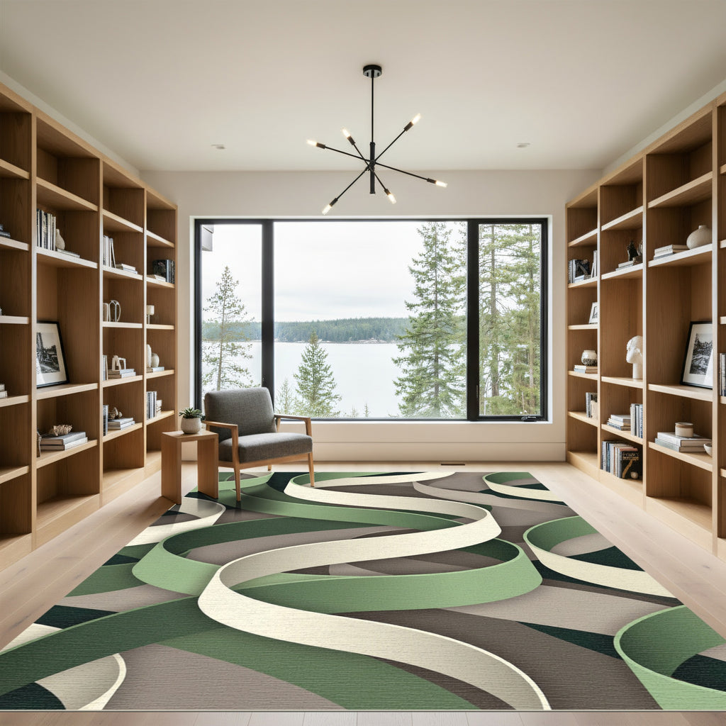 Modern Sage Green Interwoven Ribbon Wave Rug