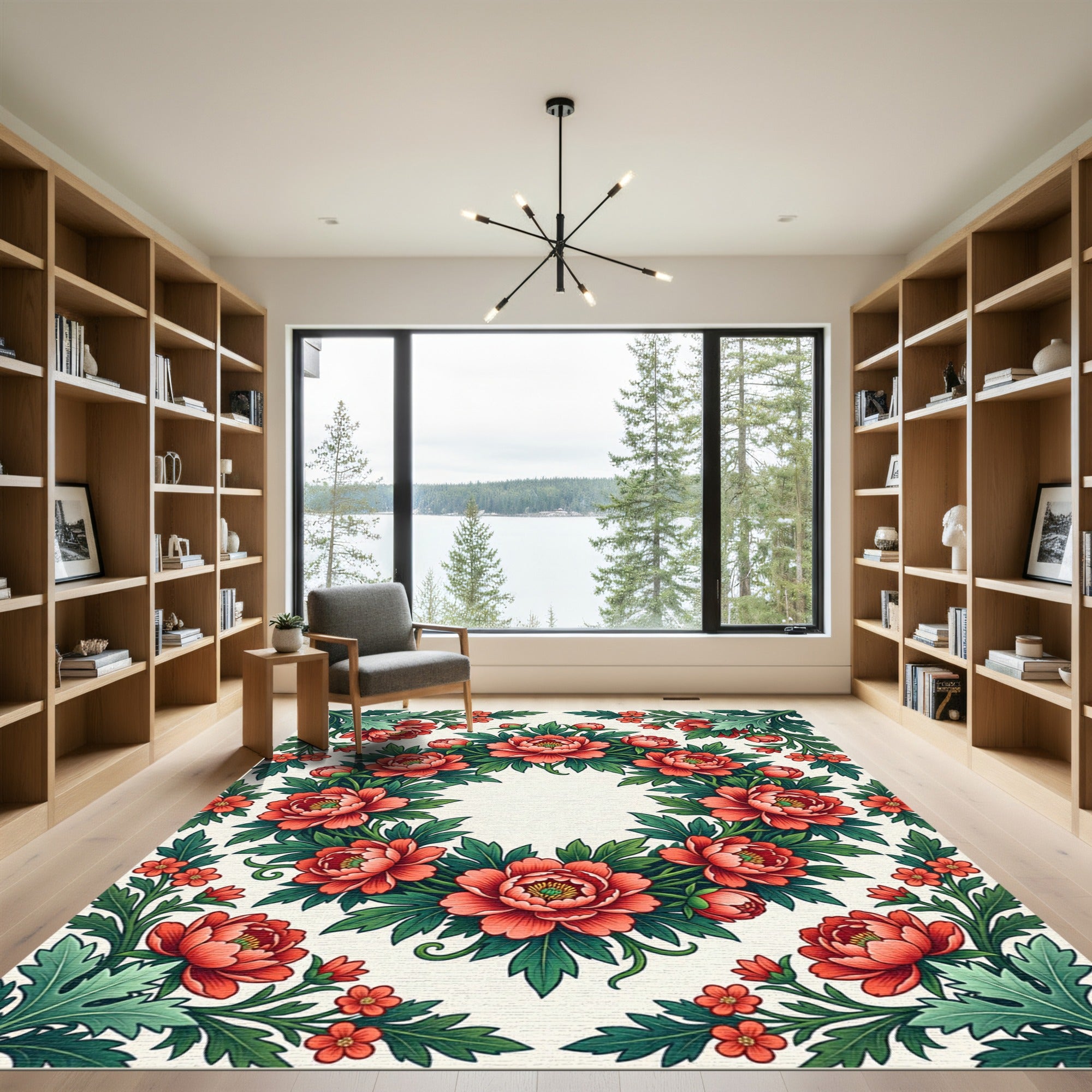 Elegant Red Peony Wreath Floral Art Rug