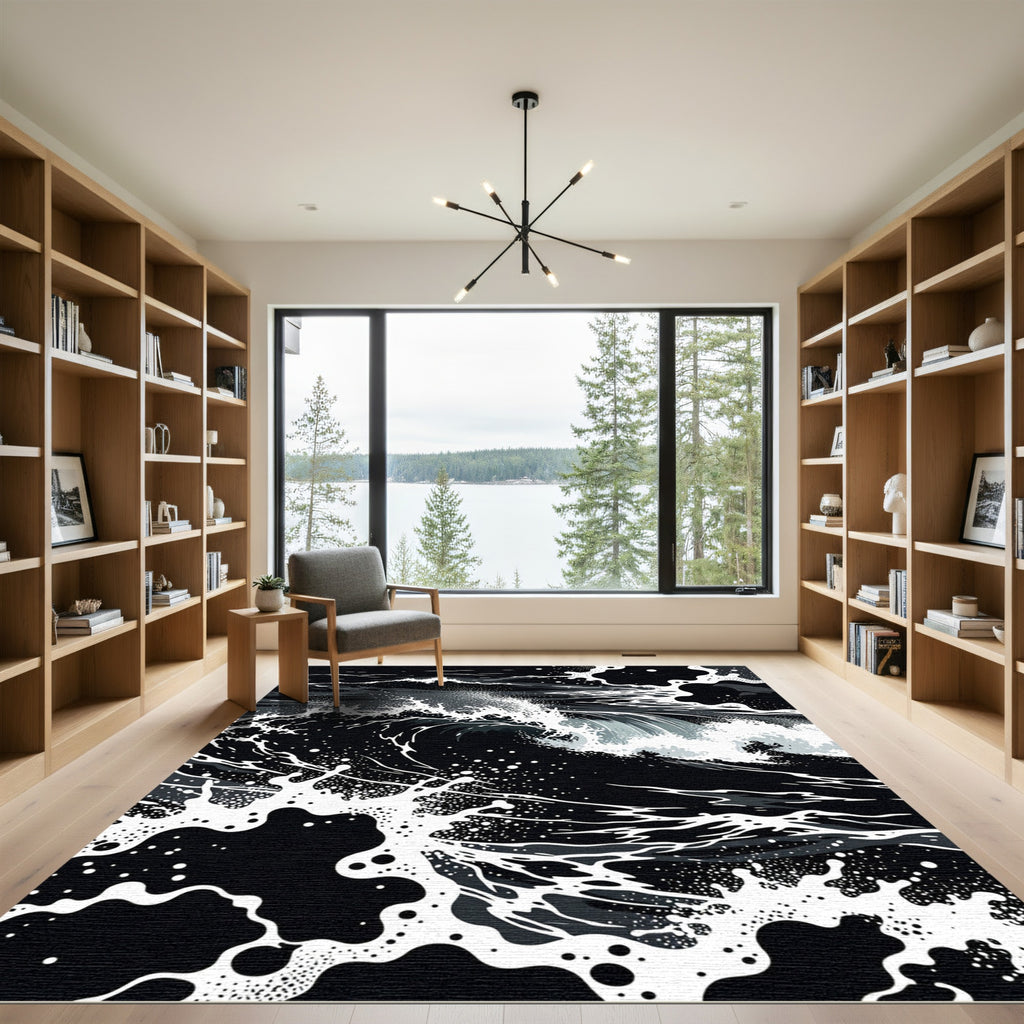 Dramatic Black White Ocean Waves Rug