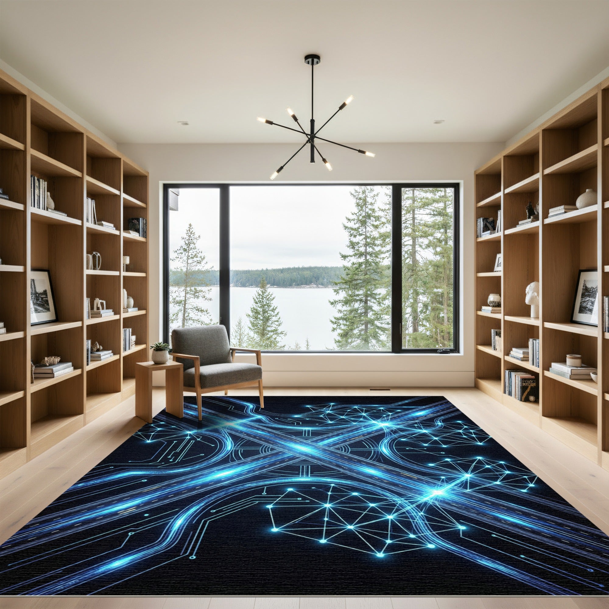 Luminous Blue Cybernetic Geometric Matrix Rug