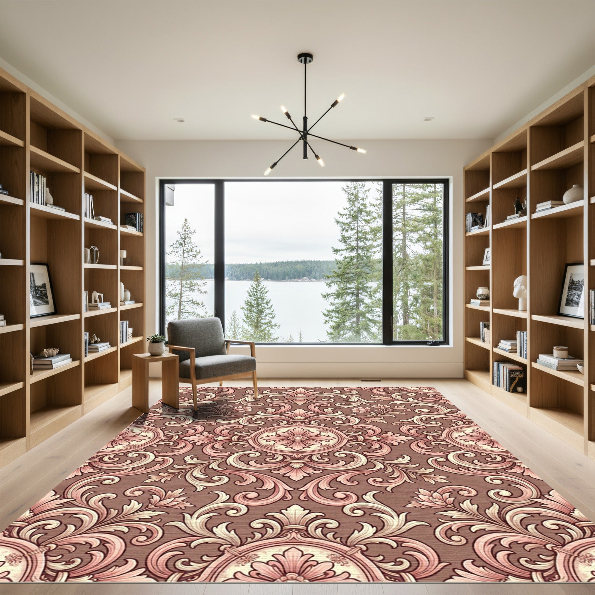 Rich Rose Pink Baroque Scroll Rug