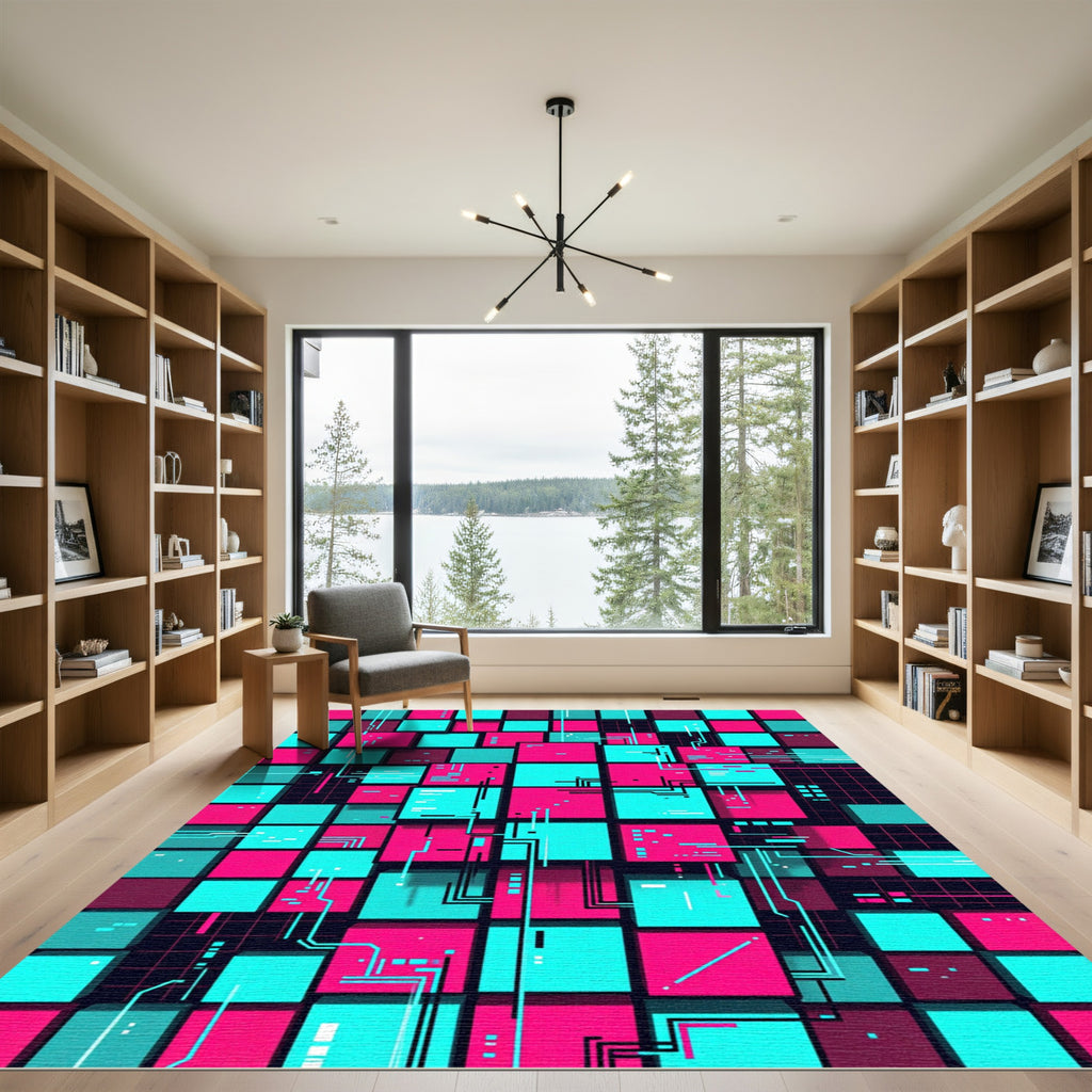 Neon Cyber Digital Grid Art Rug