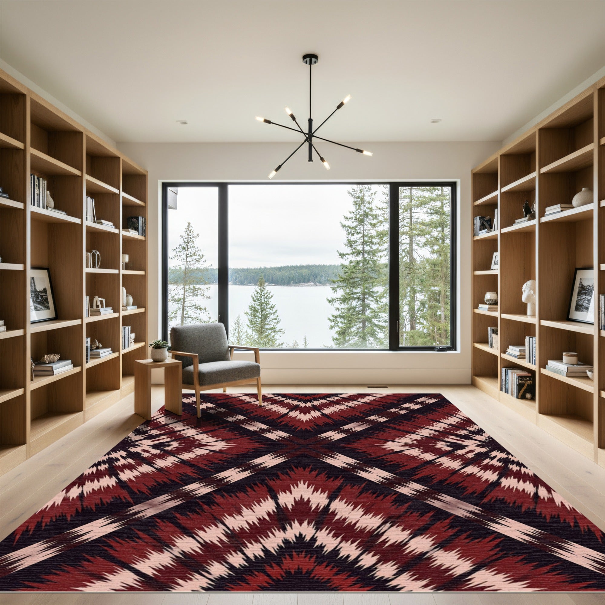 Bold Crimson Geometric Ikat Diamond Rug