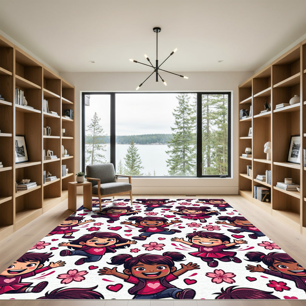 Joyful Kids Pink Hearts Cherry Blossoms Rug