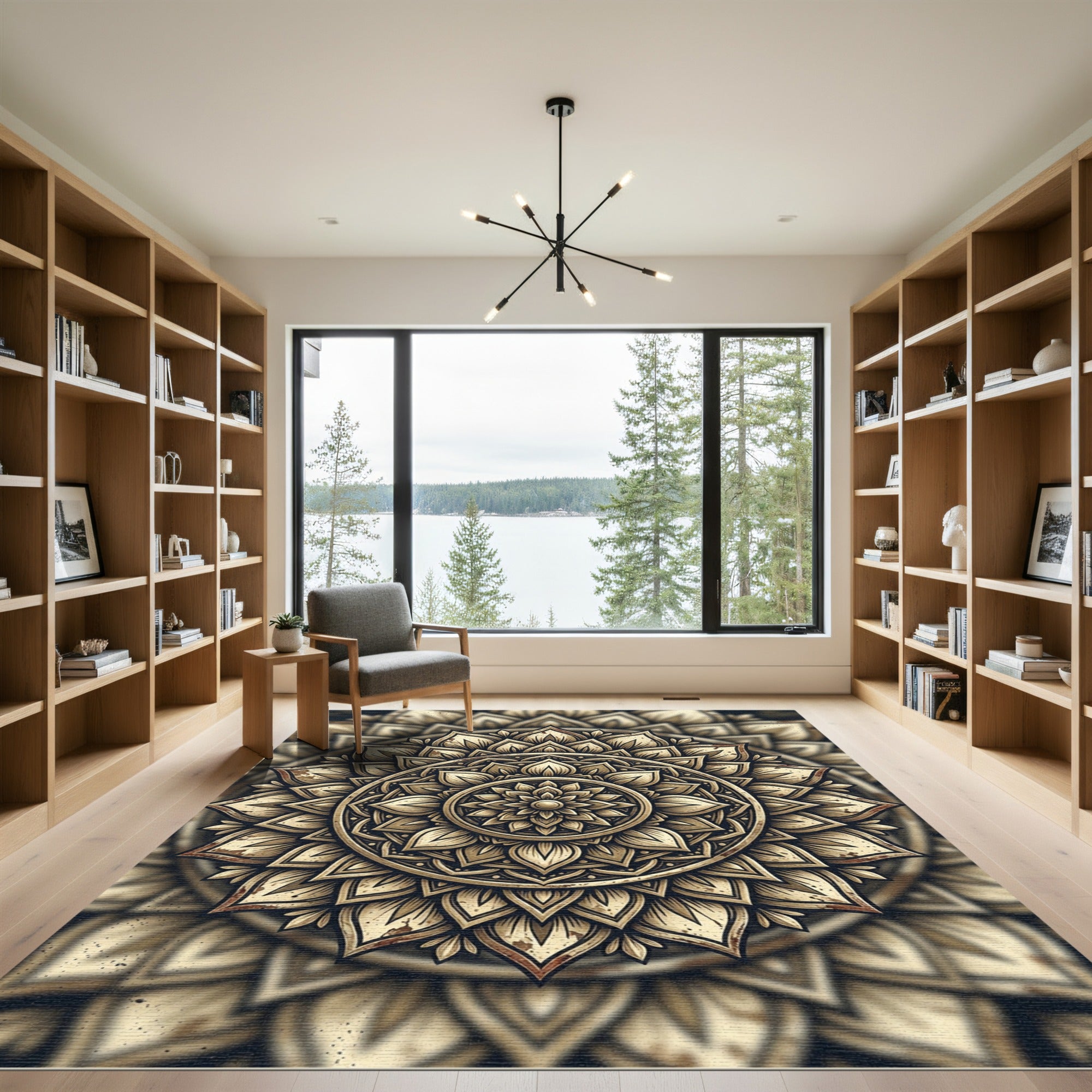 Golden Floral Mandala Medallion Circular Rug