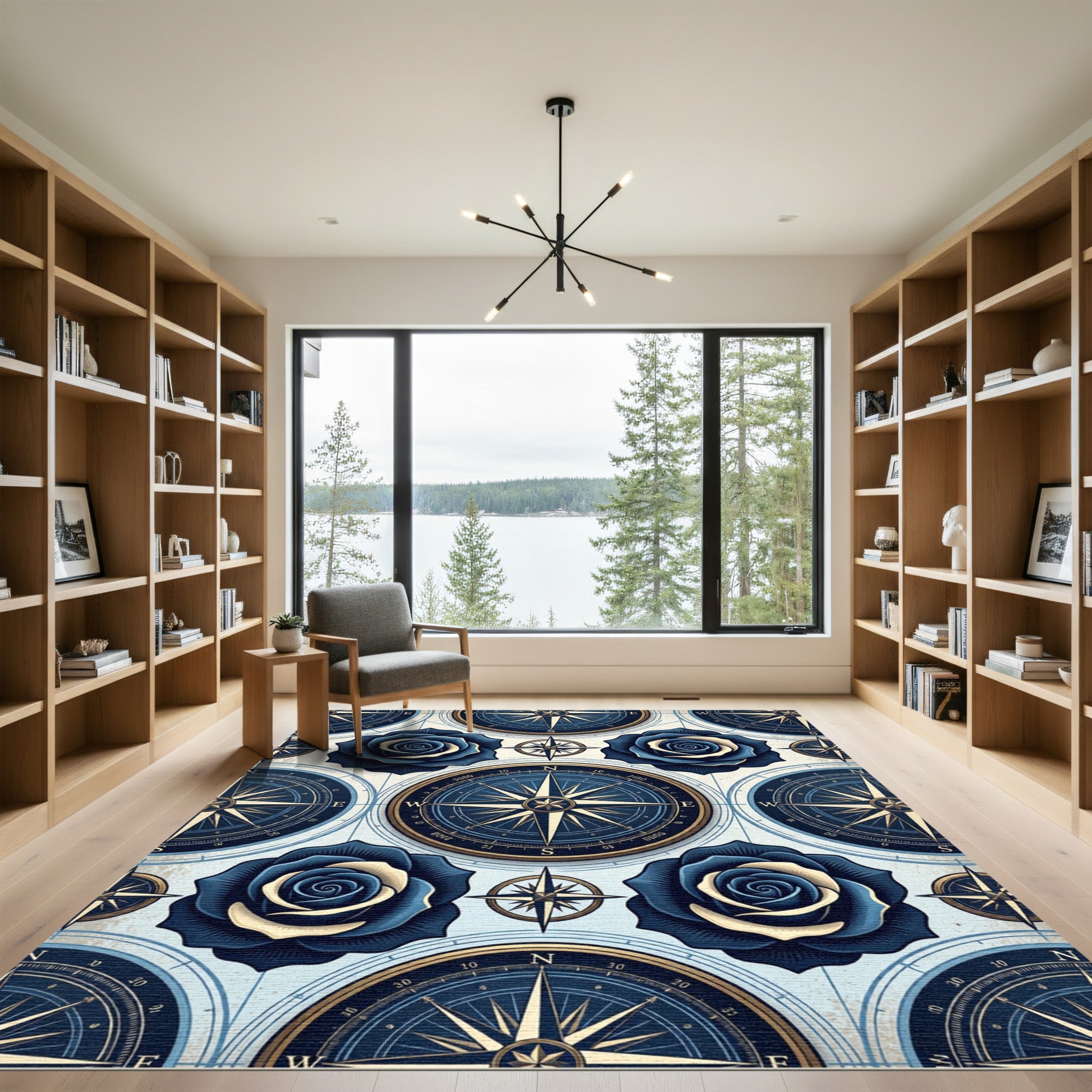 Navy Nautical Compass and Rose Floral Rug