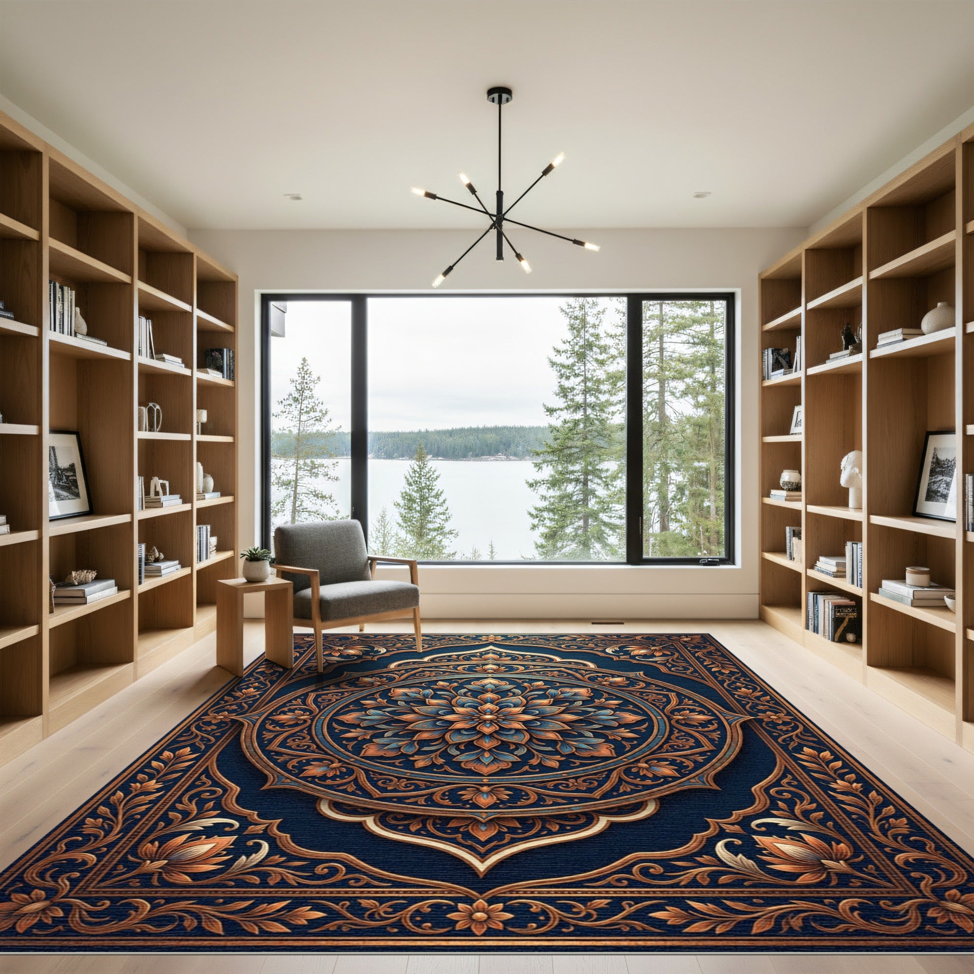 Ornate Navy Golden Floral Mandala Rug