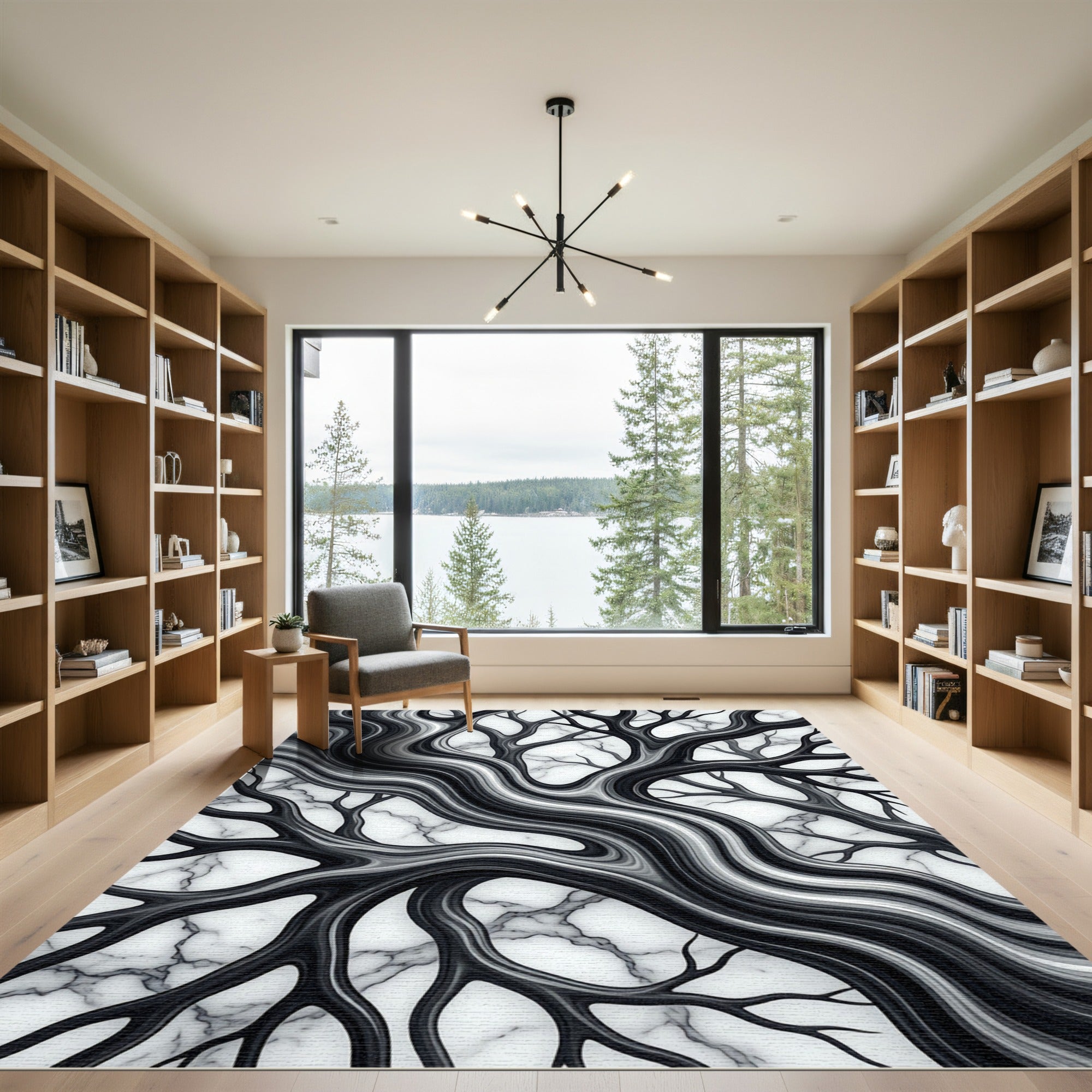 Monochrome Liquid Marble Branch Abstract Rug