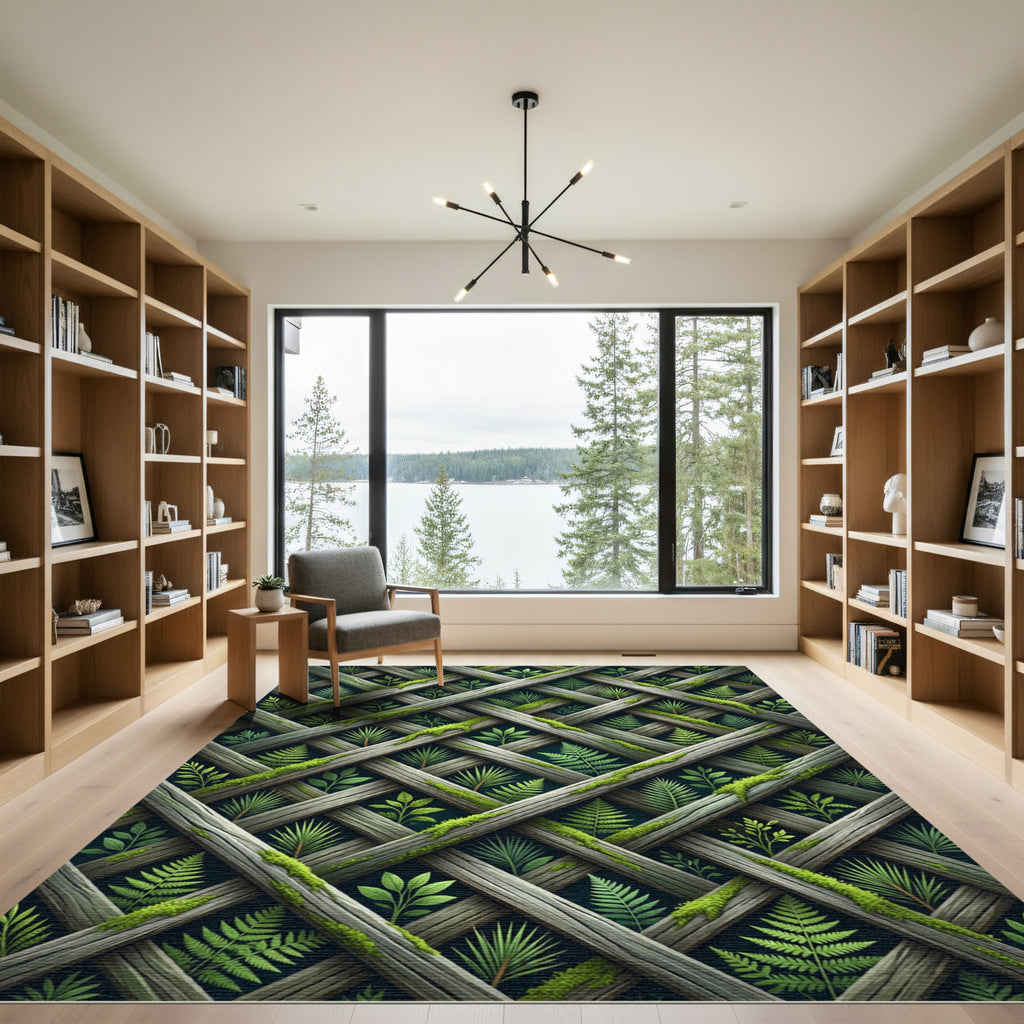 Mossy Forest Lattice with Fern Leaves Rug