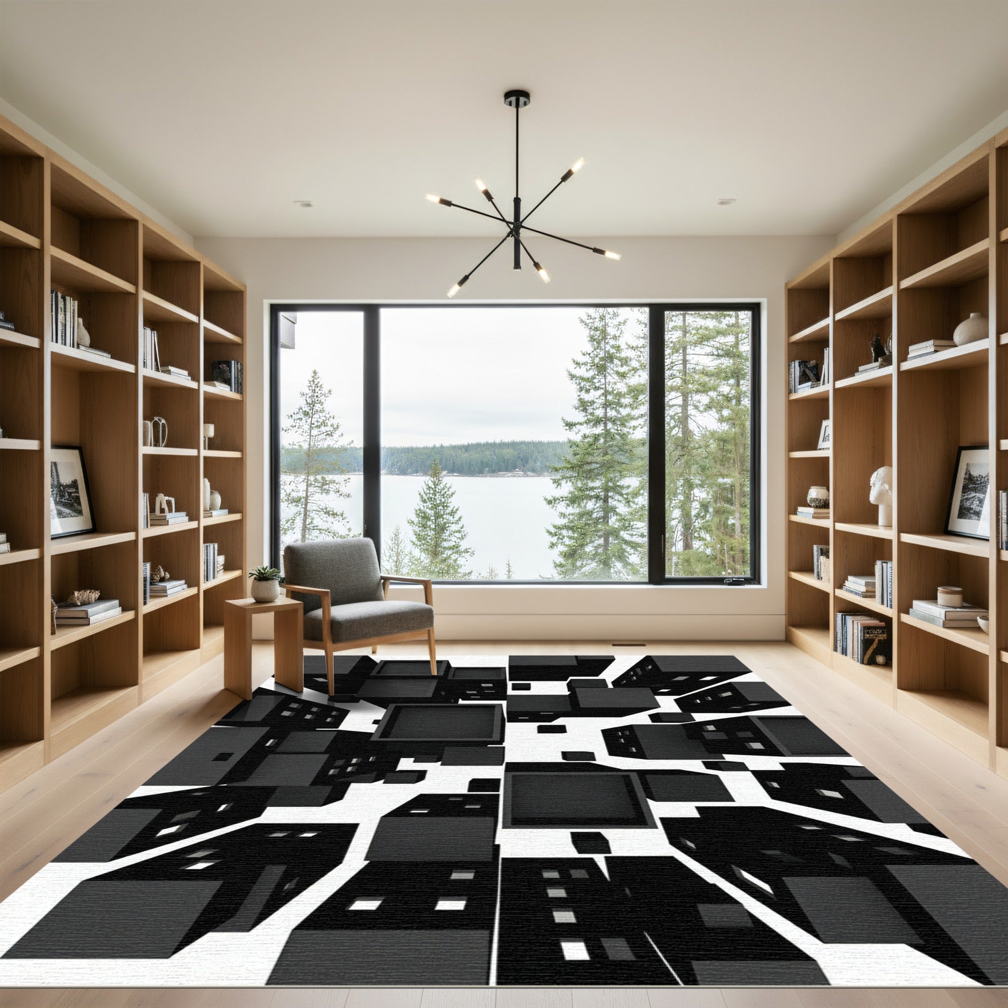 Monochromatic Abstract Geometric Cityscape Blocks Rug