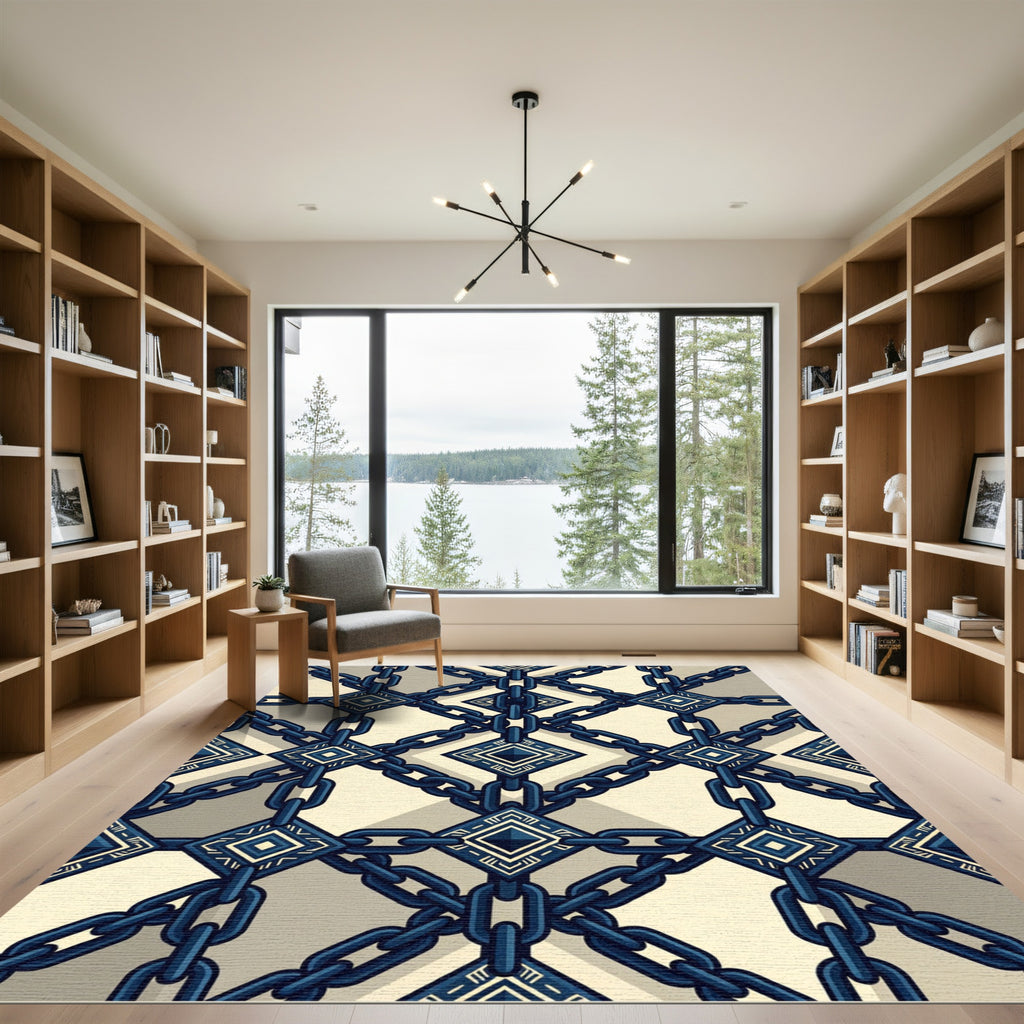 Geometric Navy Chain Interlocking Diamond Rug