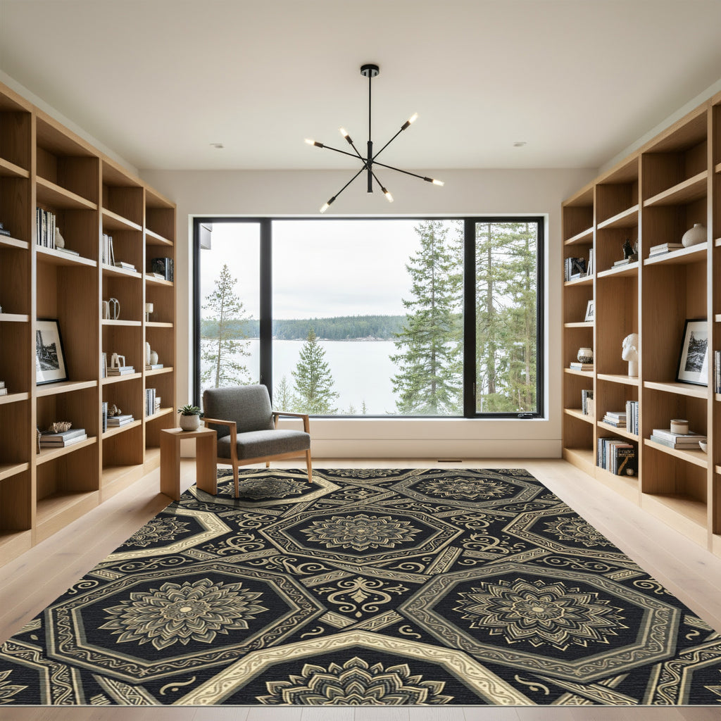 Sophisticated Gold Black Octagon Mandala Rug
