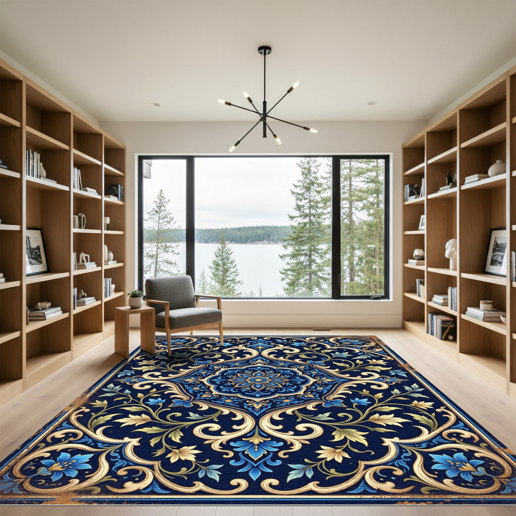 Rich Navy Blue Floral Scroll Medallion Rug
