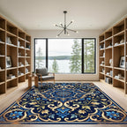 Rich Navy Blue Floral Scroll Medallion Rug