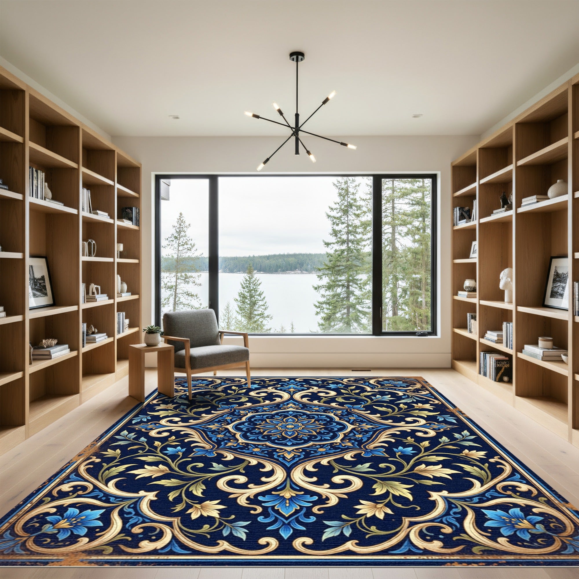 Rich Navy Blue Floral Scroll Medallion Rug